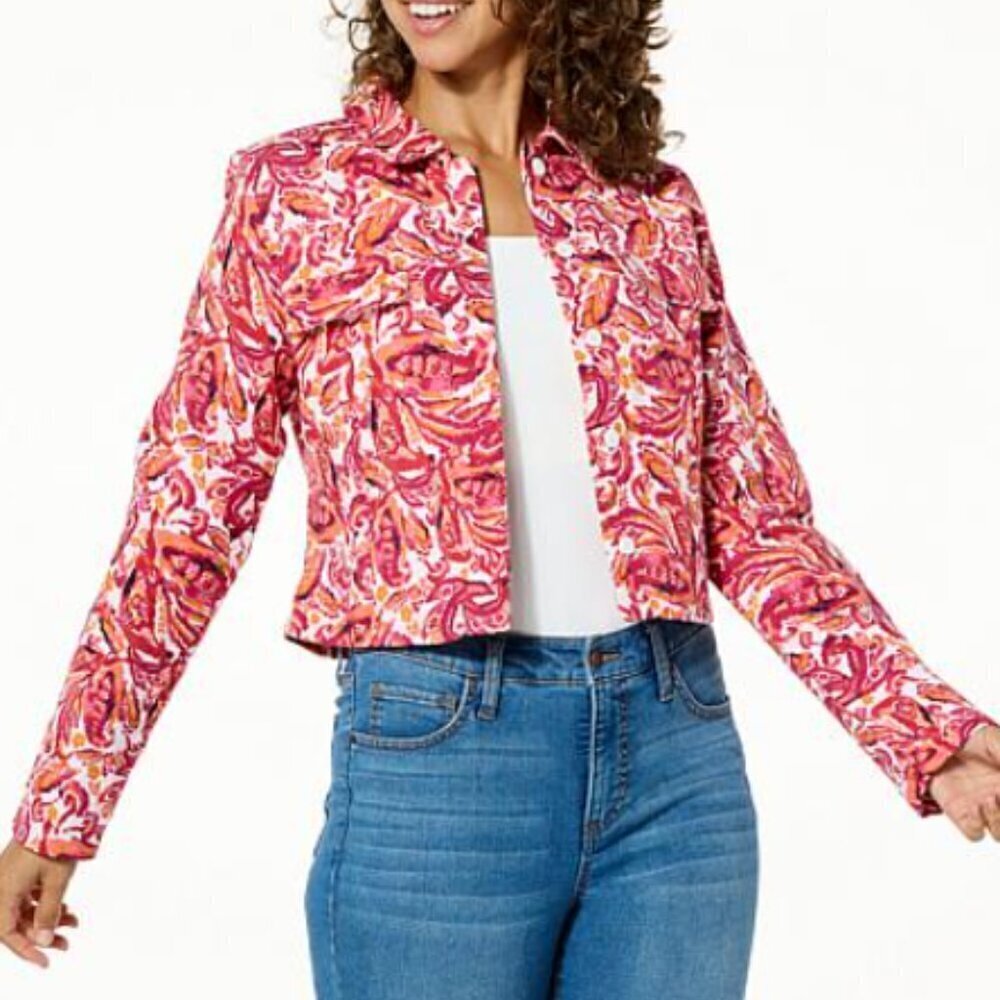 Kathy Ireland Pink Paisley Orange Hidden Button Front Jacket Waist Length 1x
